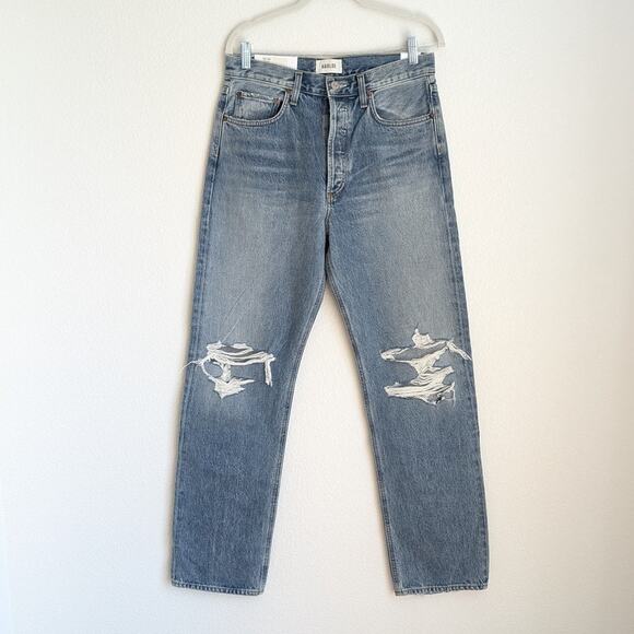 NWT Agolde Kelly Blue Denim Distressed High-rise Straight Leg jeans, size 27 - Picture 1 of 10